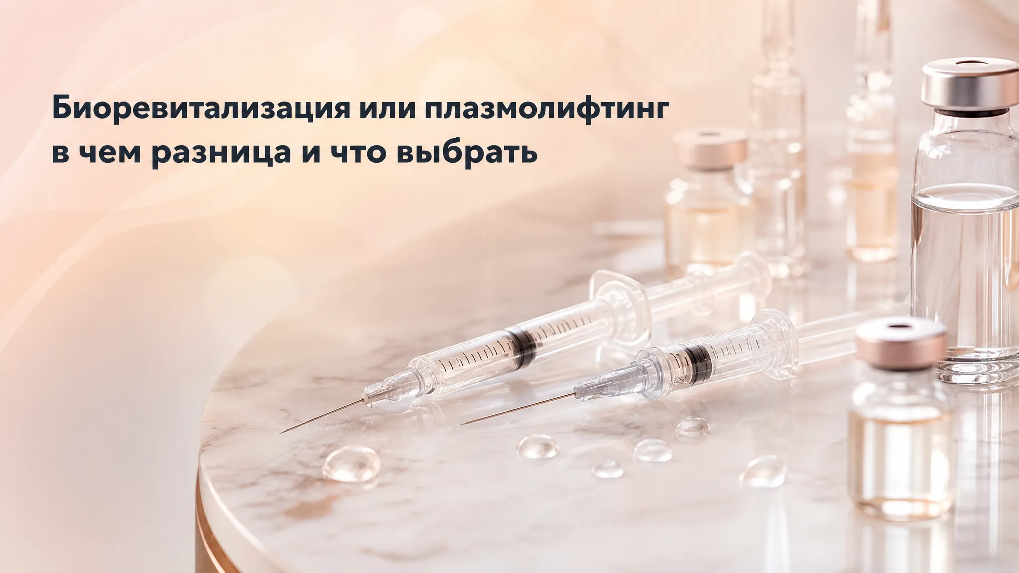 Сравнительная схема процедур биоревитализации и плазмолифтинга: шприц с гиалуроновой кислотой и пробирки с плазмой