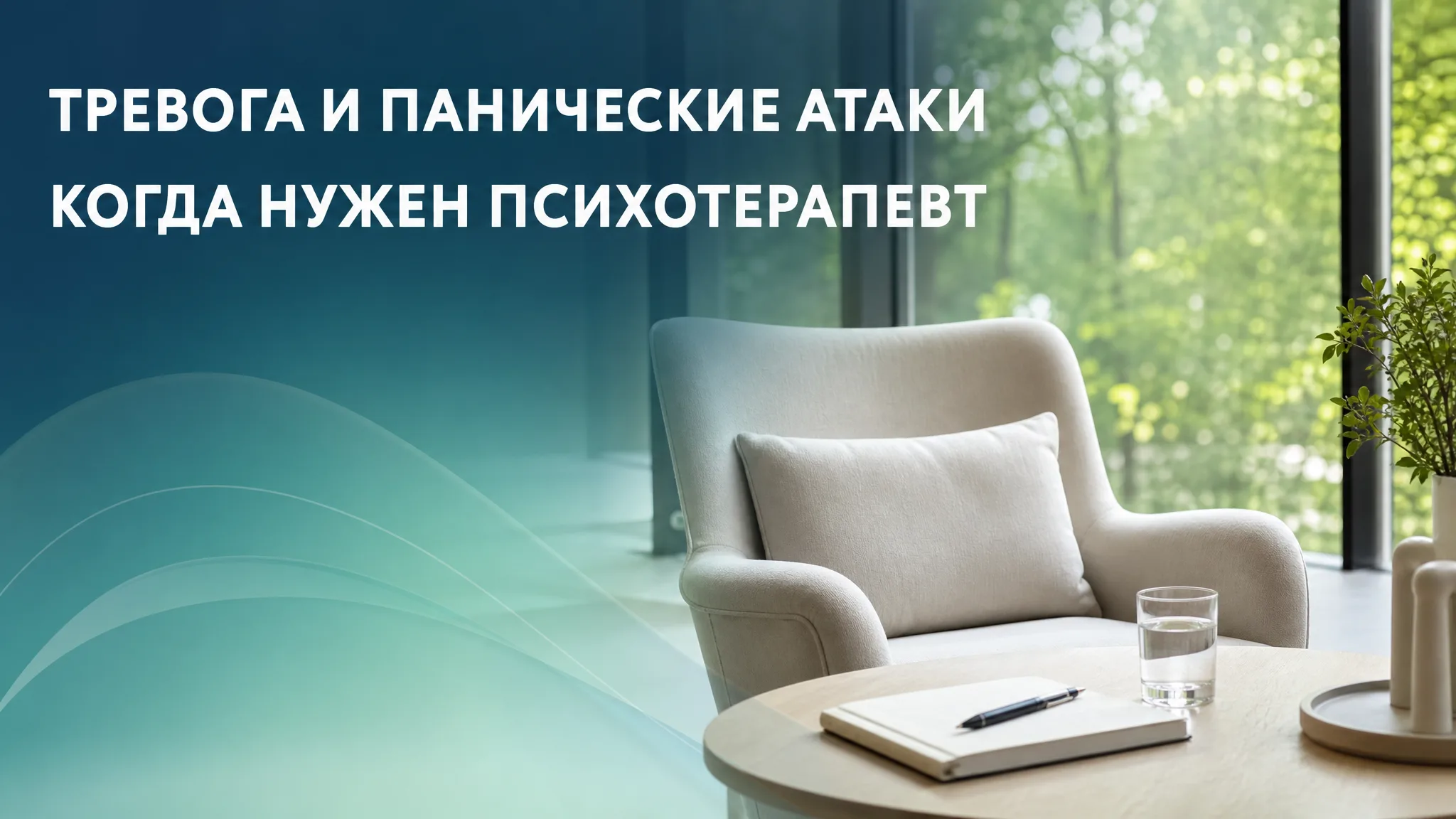 Взволнованная женщина сидит на диване, обхватив голову руками, рядом сидит спокойный психотерапевт с блокнотом, на столе чай и салфетки, мягкий свет в уютном кабинете.