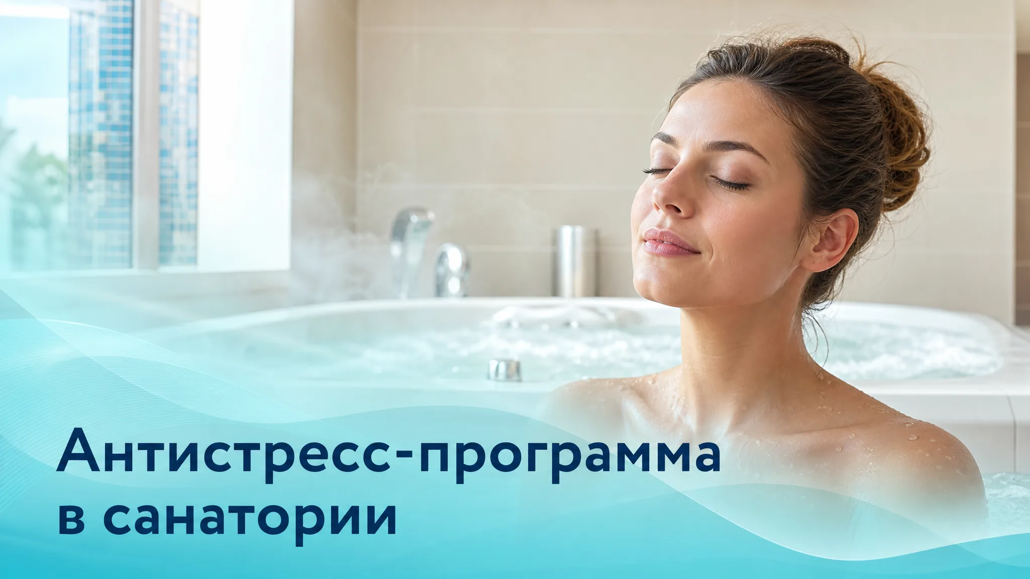 Врач проводит сеанс релаксации для пациентки в рамках антистресс-программы в санатории, на фоне уютной зоны отдыха с приглушенным светом.