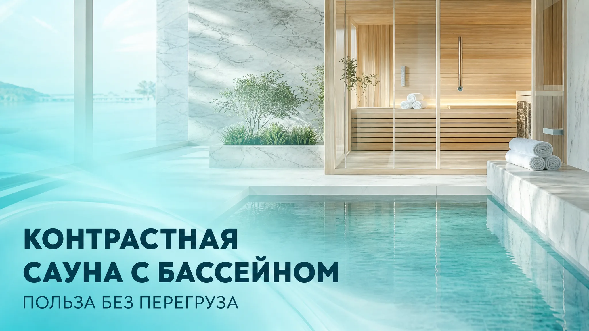 Интерьер контрастной сауны с деревянными панелями и видом на освещенный бассейн с голубой водой, демонстрирующий сочетание жара и прохлады