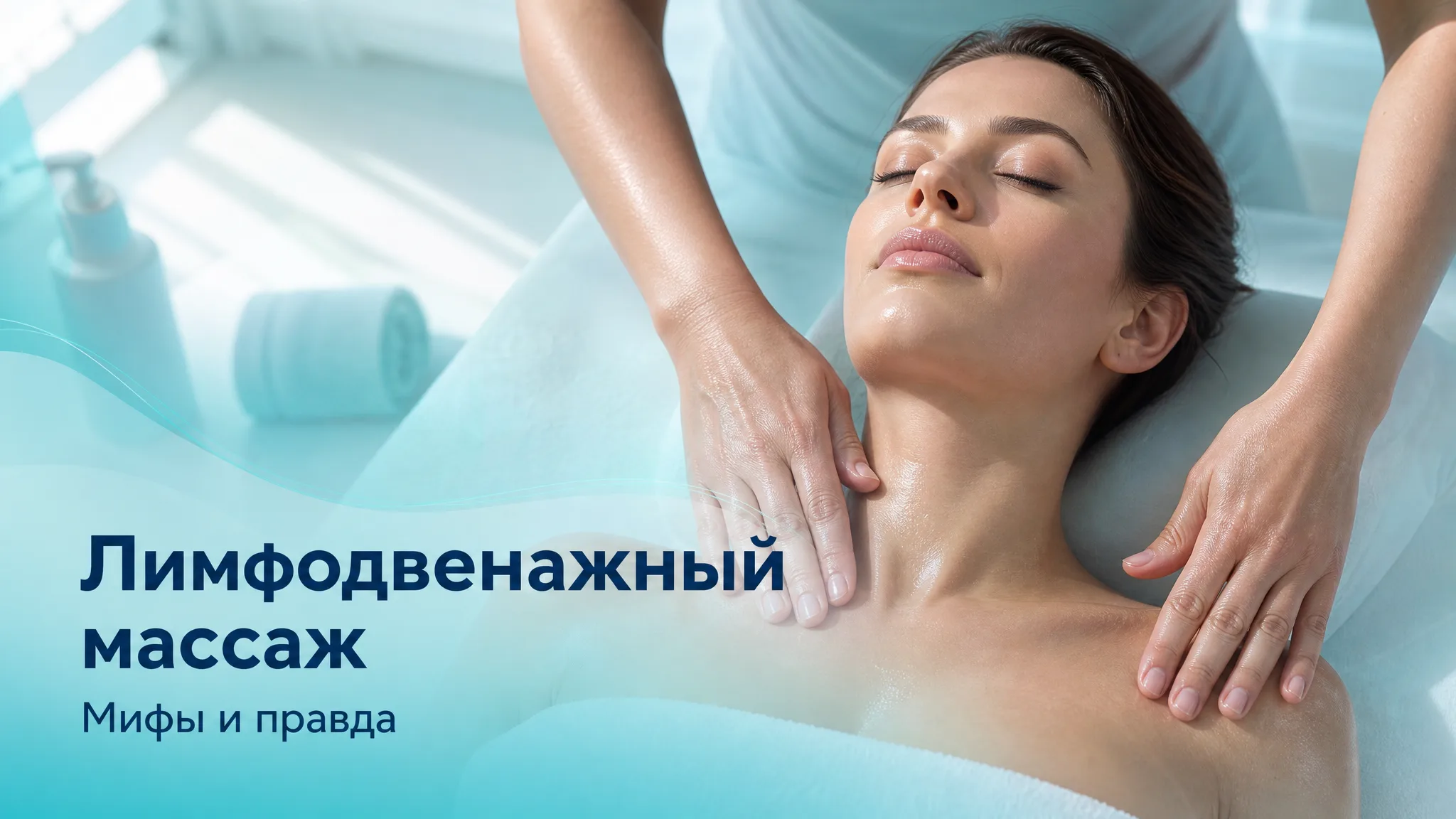 Девушка лежит на массажном столе, массажист выполняет лимфодренажный массаж, на заднем плане схема лимфатической системы человека.