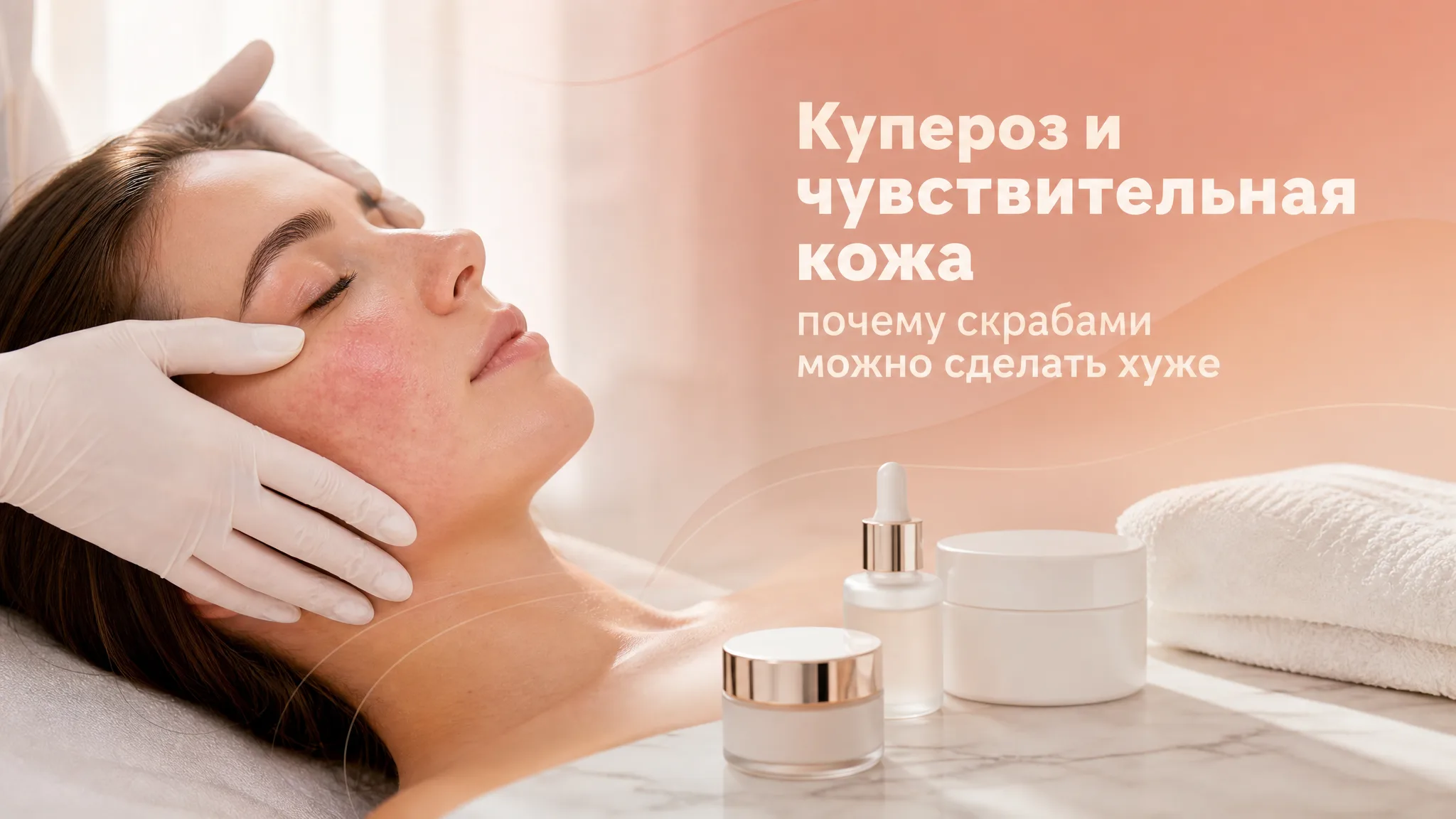Крупным планом кожа с куперозом: видна сосудистая сеточка и покраснение на фоне деликатного ухода