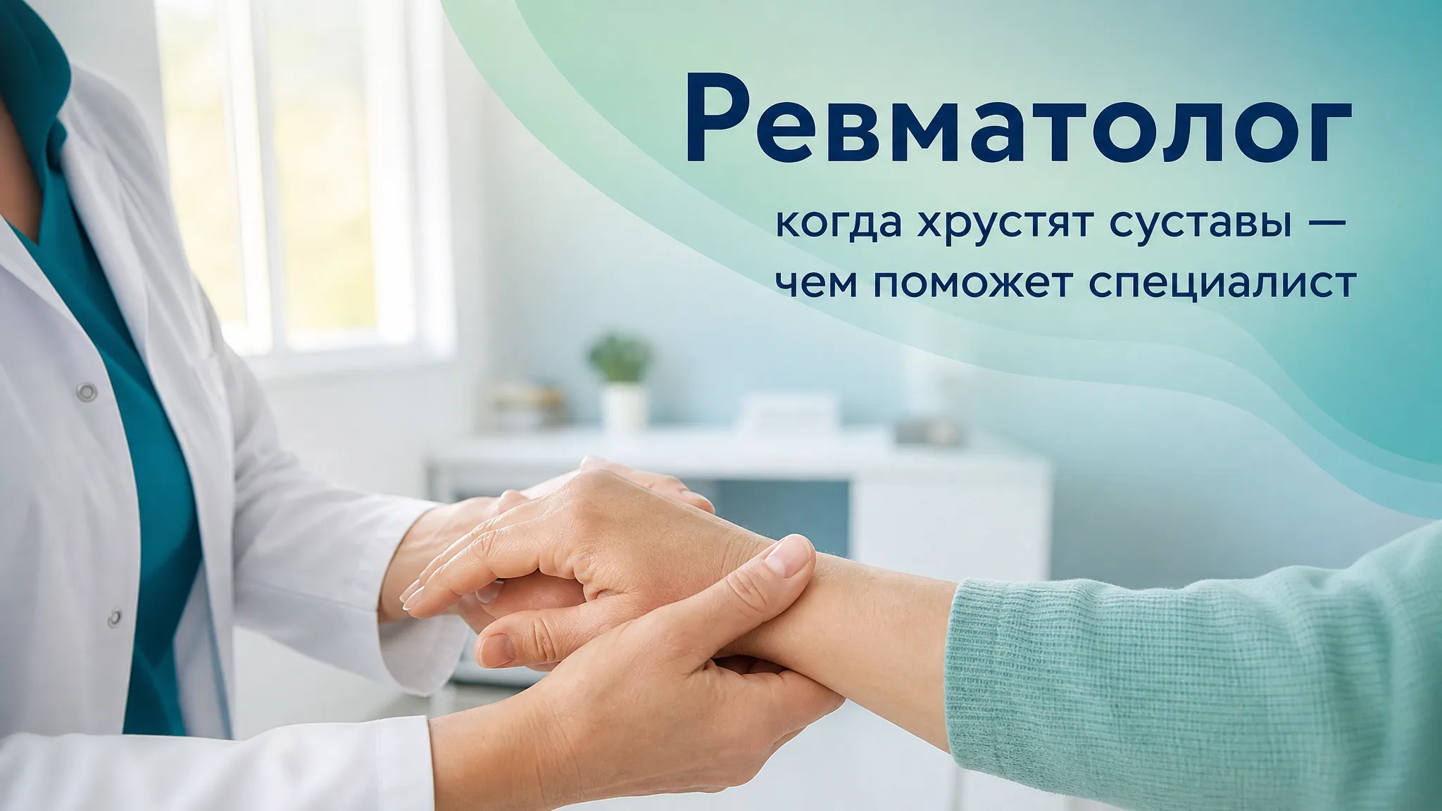 Доктор-ревматолог осматривает коленный сустав пациента, жалующегося на хруст