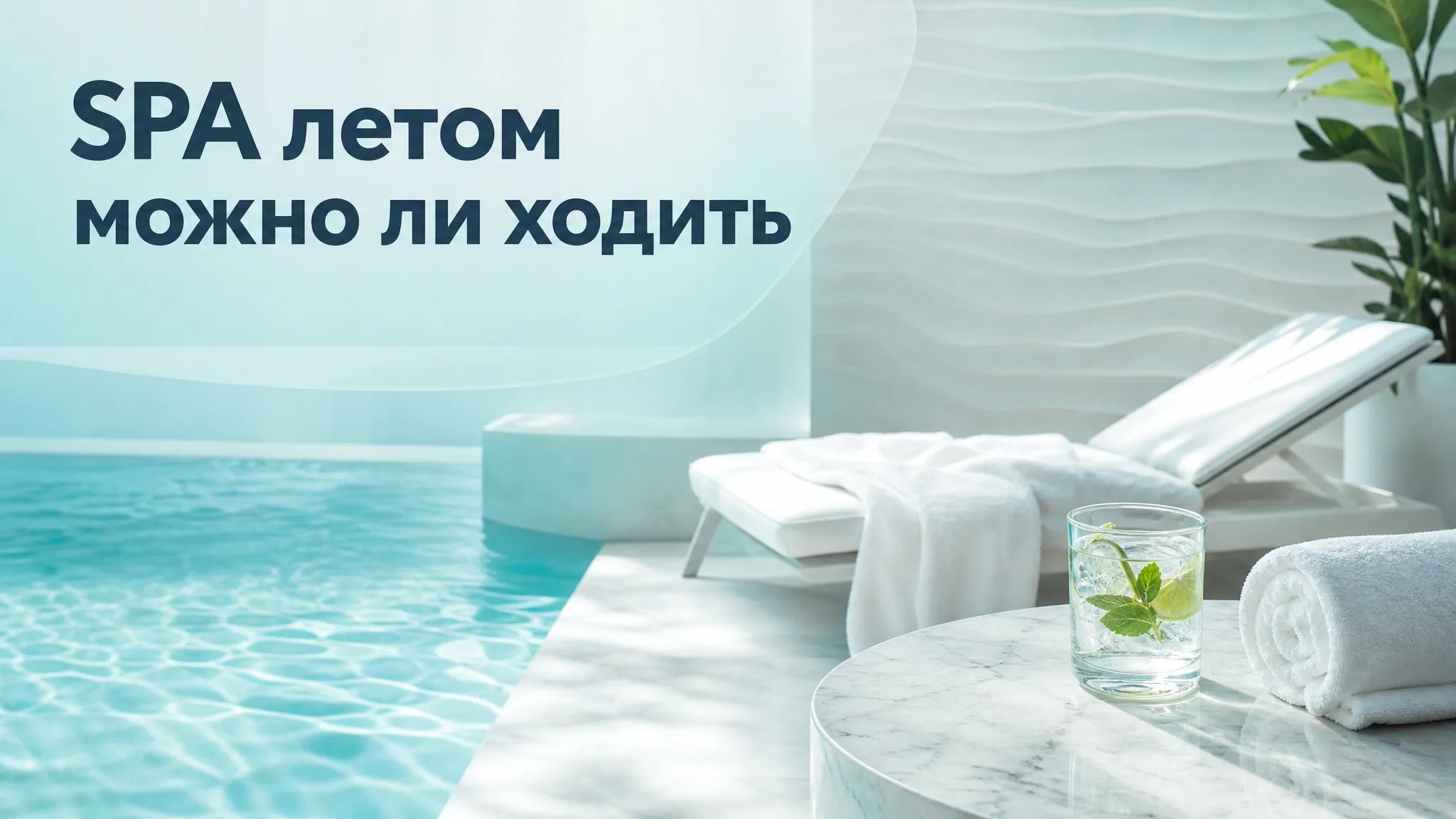 Девушка в халате стоит у входа в SPA-зону с бассейном, на улице солнечный летний день.