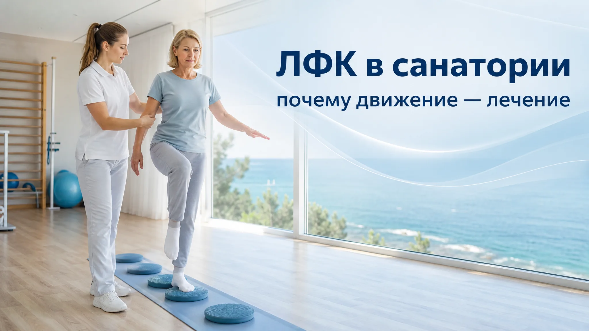 Пациент выполняет упражнения лечебной физкультуры с инструктором в современном зале санатория для реабилитации.