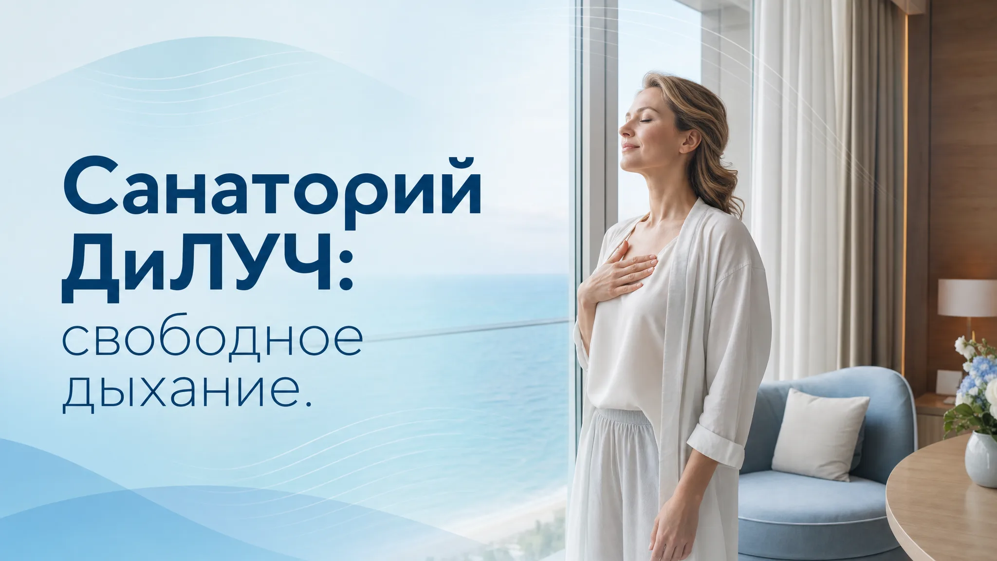 Пациент выполняет процедуру для дыхательной системы в санатории ДиЛУЧ на фоне моря