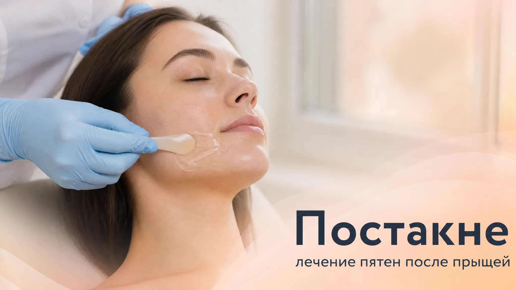 Девушка рассматривает пятна постакне на коже лица в зеркало