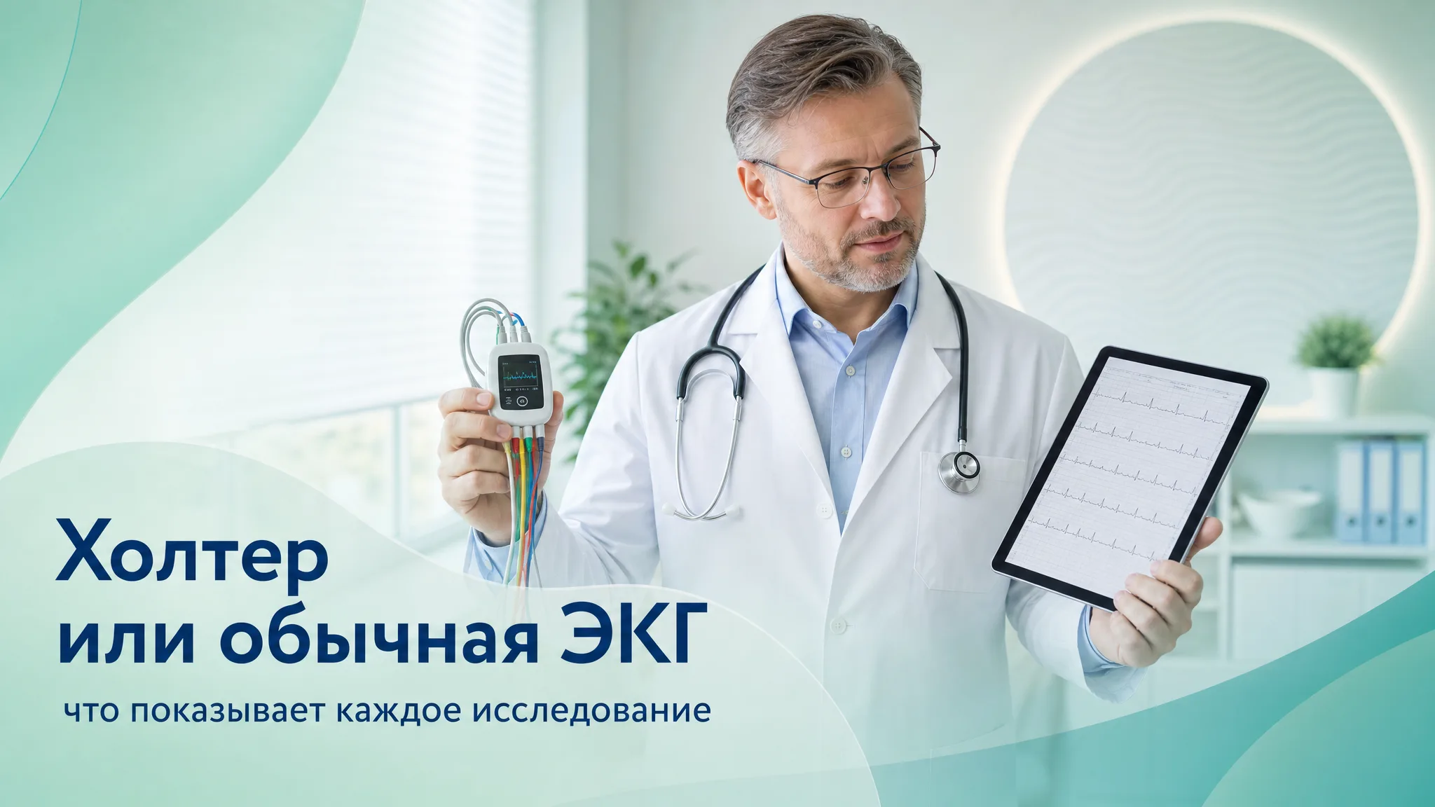 Инфографика, сравнивающая портативный холтер-монитор и стандартный аппарат ЭКГ с наложенными электродами на пациенте.