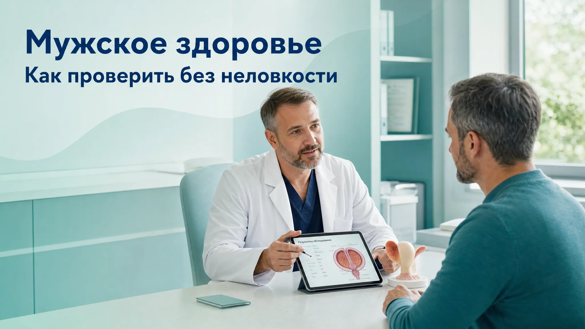 Иллюстрация к концепции ответственного отношения мужчины зрелого возраста к своему здоровью: врач и пациент обсуждают результаты анализов в современной клинике.
