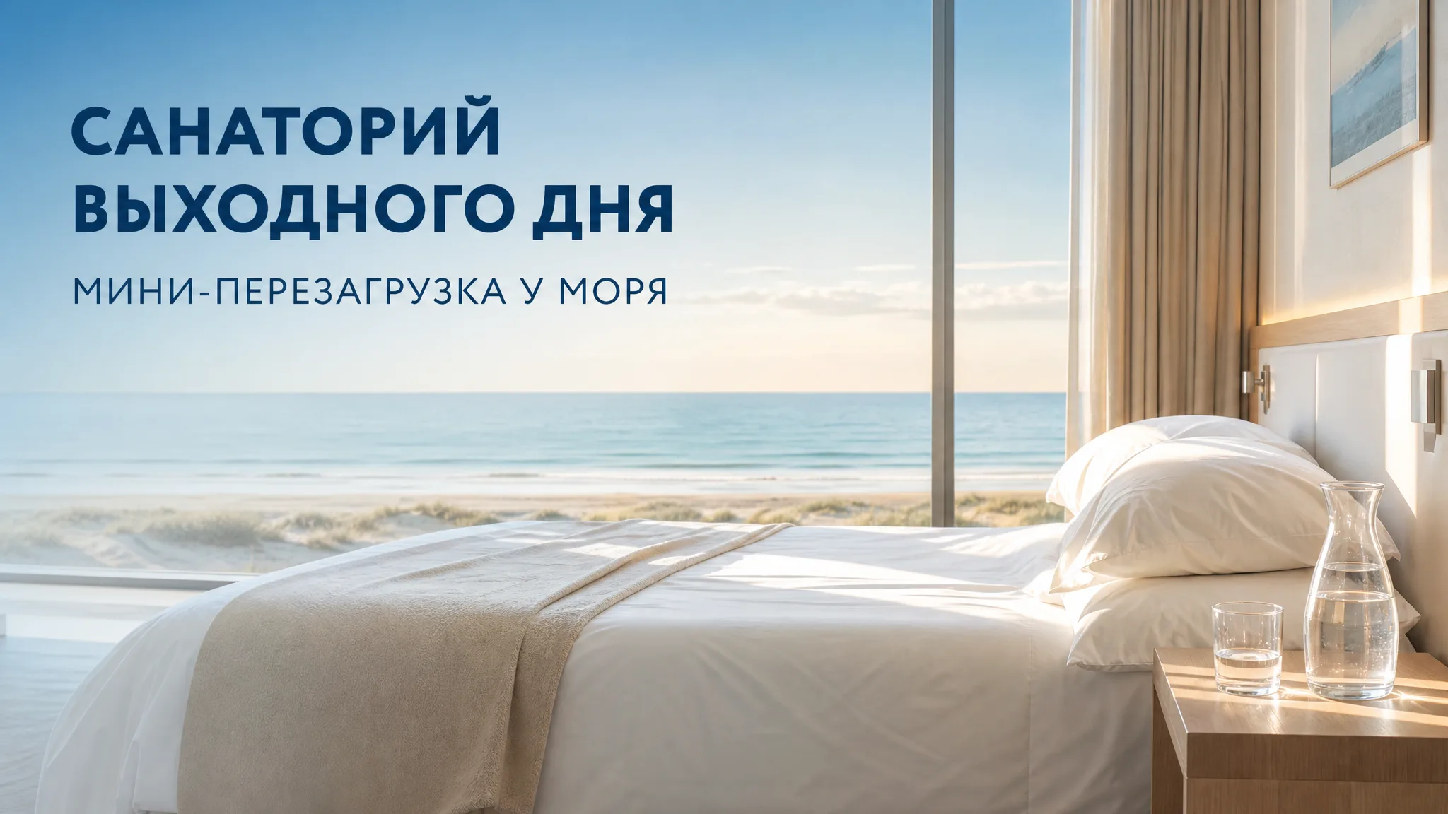 Отдыхающая женщина смотрит на море с балкона санатория, держа в руках чашку чая. Рядом на столике книга и полотенце.