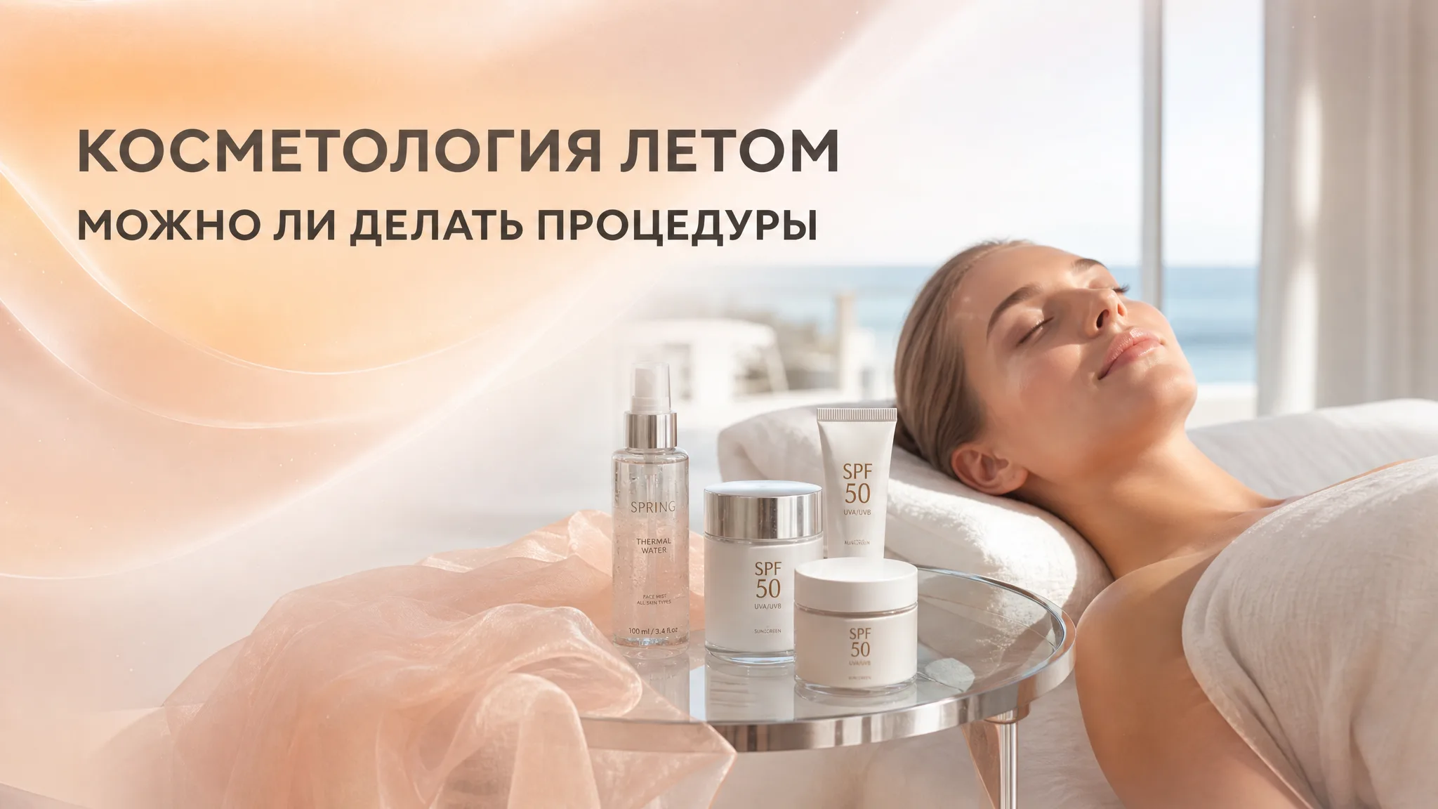 Солнцезащитный крем и инструменты косметолога на фоне летнего пляжа