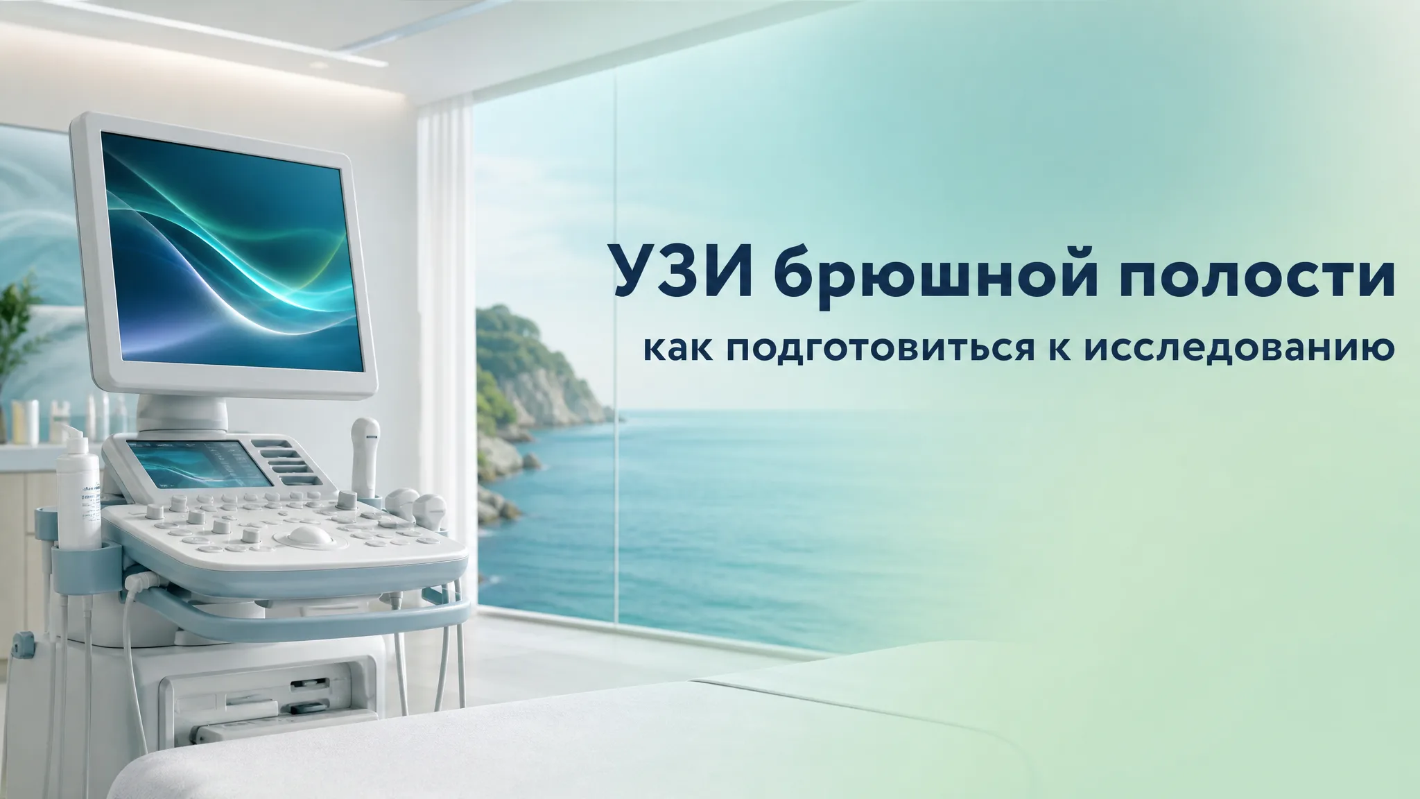 Врач проводит УЗИ брюшной полости пациенту в клинике Анапы, рядом схематичное изображение органов