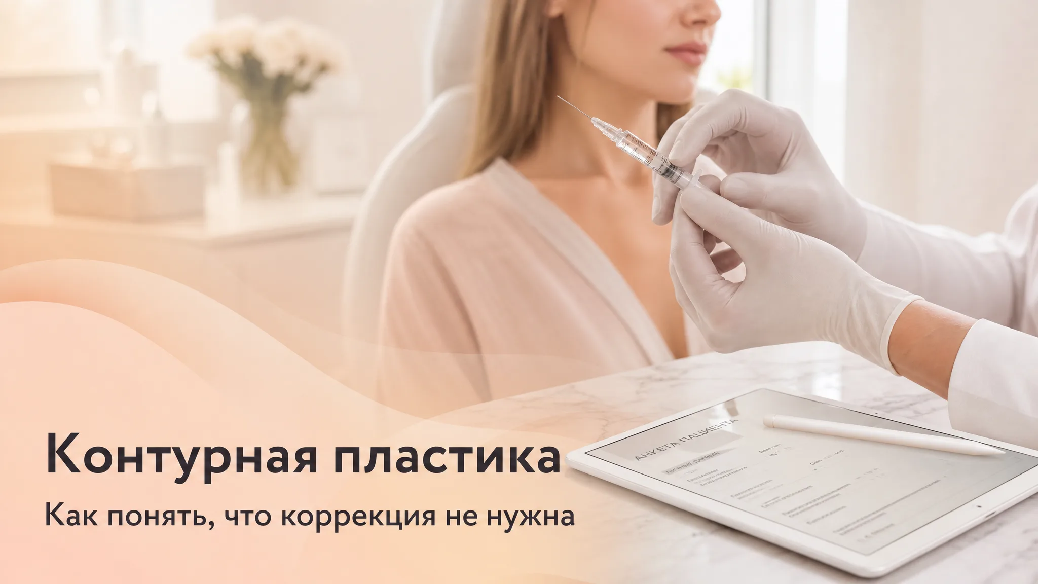 Девушка на приеме у косметолога обсуждает зоны контурной пластики лица, глядя в зеркало, задает вопросы перед процедурой