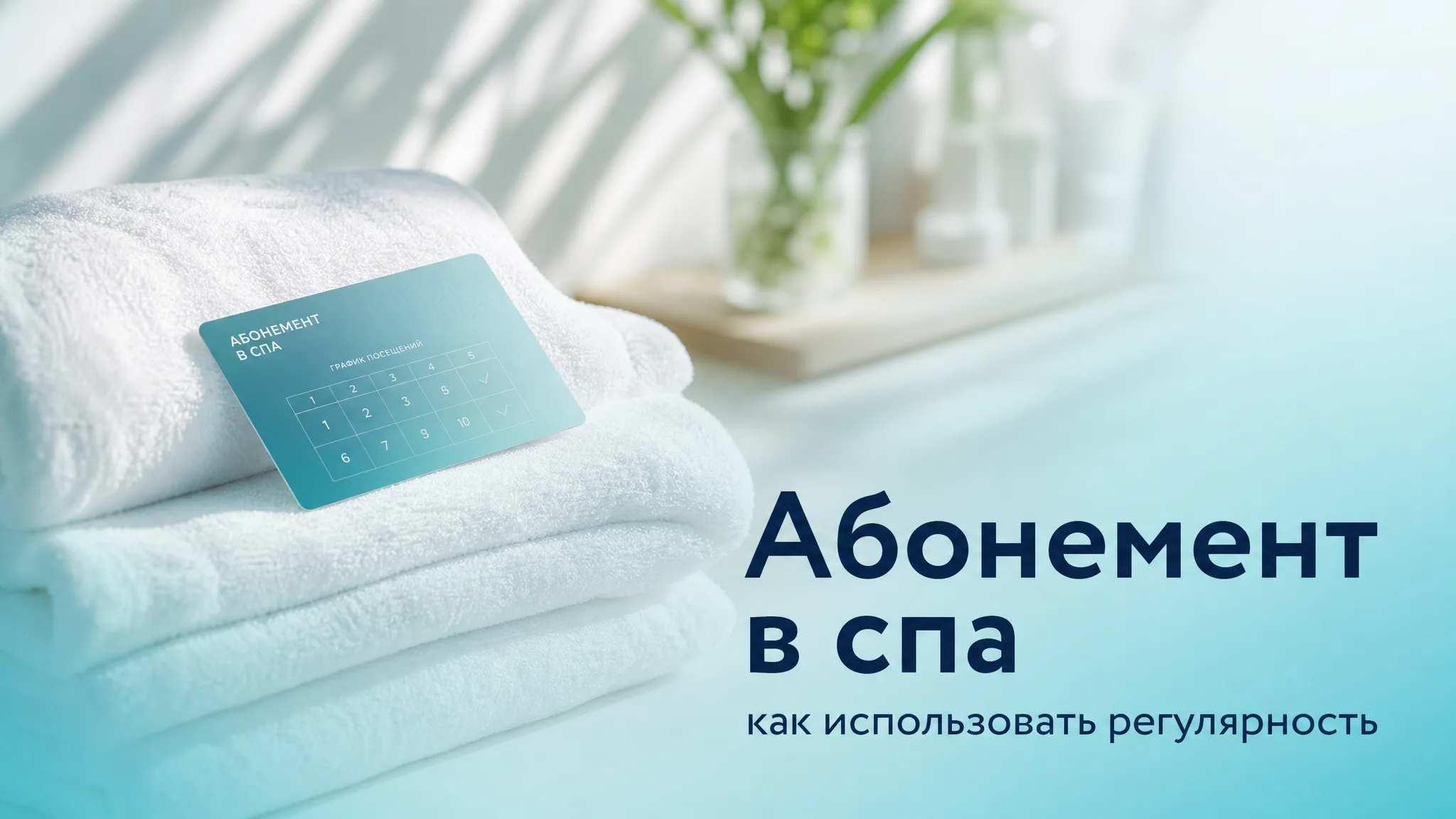 Камни, цветы и полотенца в интерьере спа-салона, символизирующие регулярные процедуры по абонементу