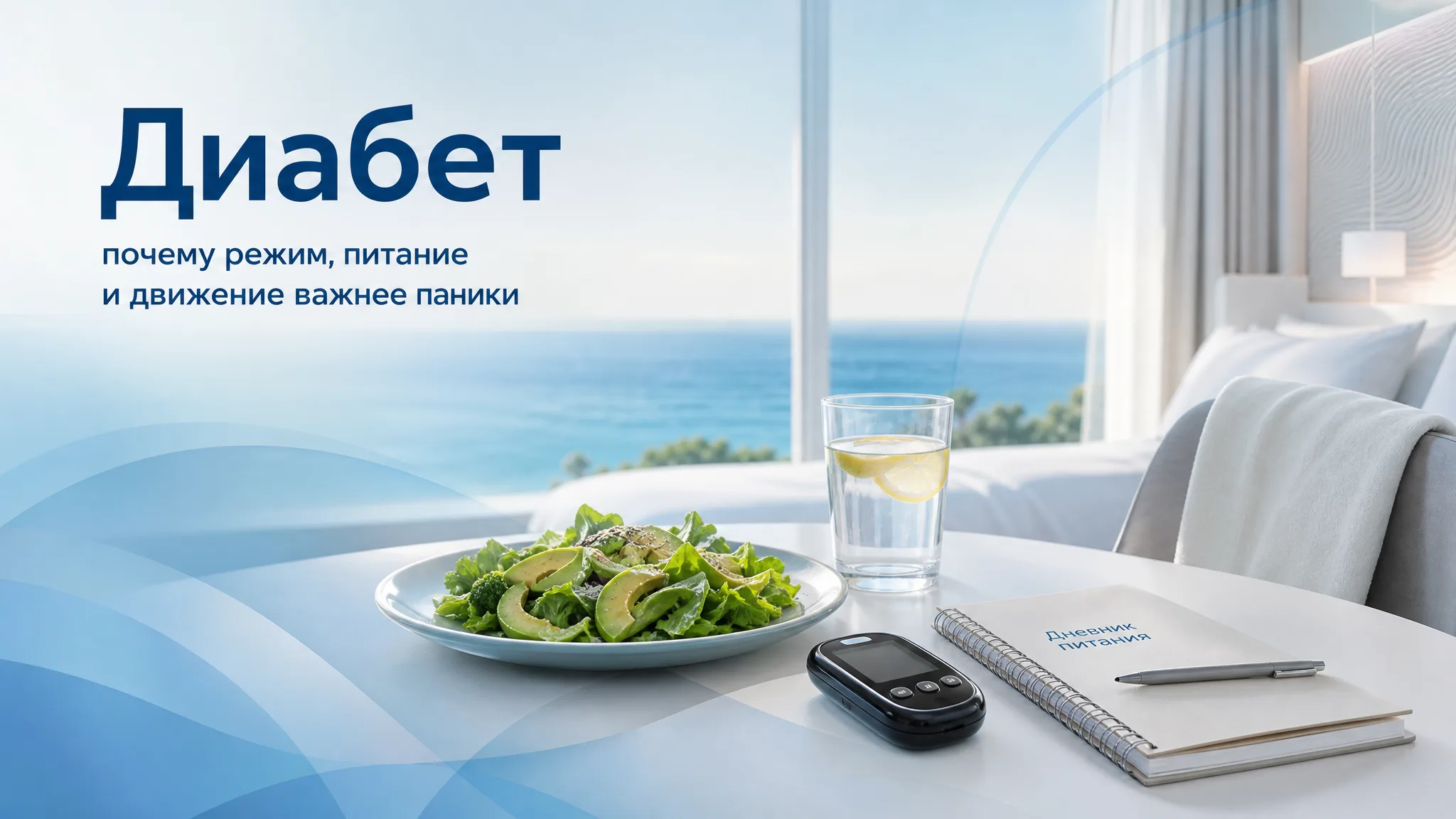 Пациент с диабетом спокойно проверяет уровень сахара в санатории, на заднем плане — прогулка у озера
