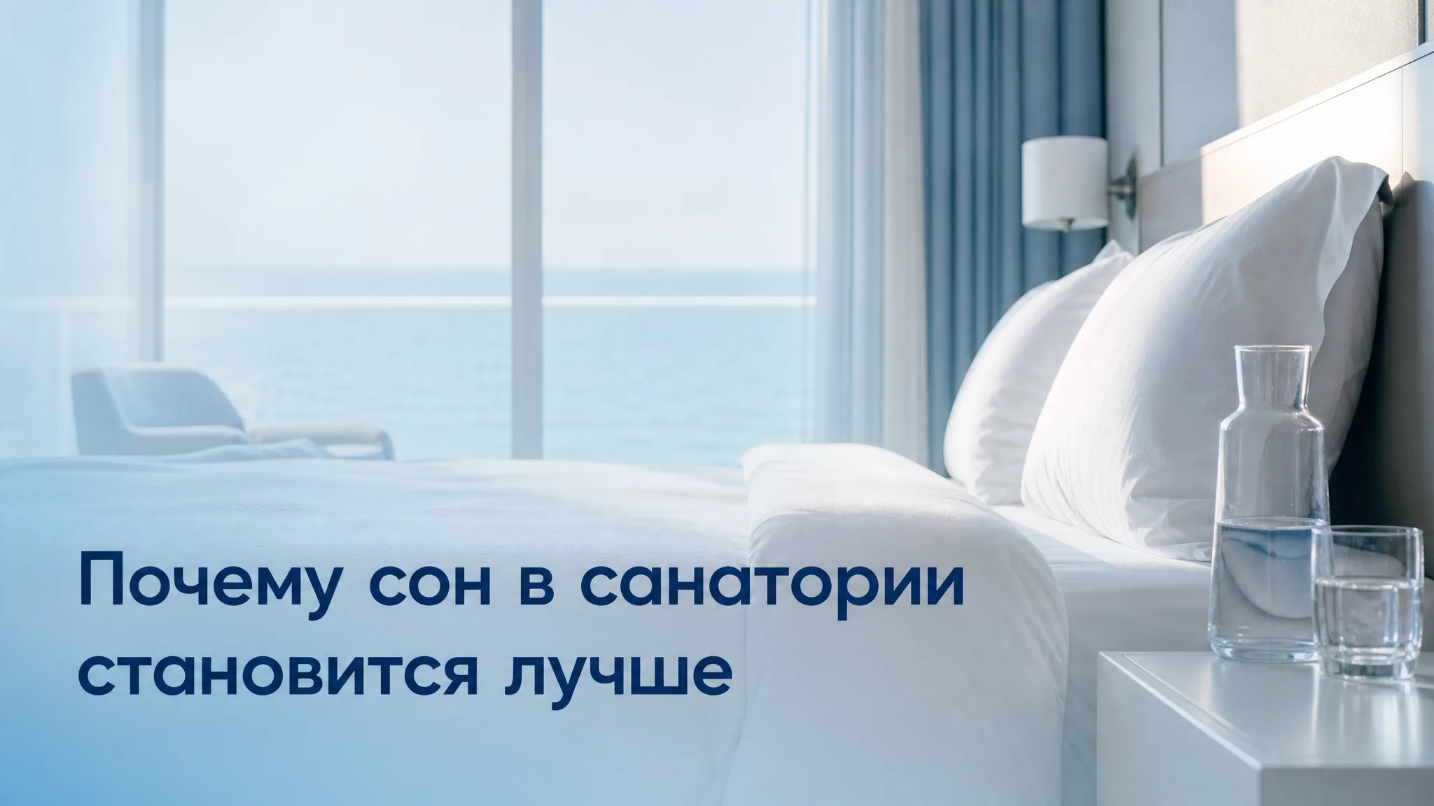 Человек безмятежно спит в уютной кровати санаторного номера, проникает мягкий утренний свет
