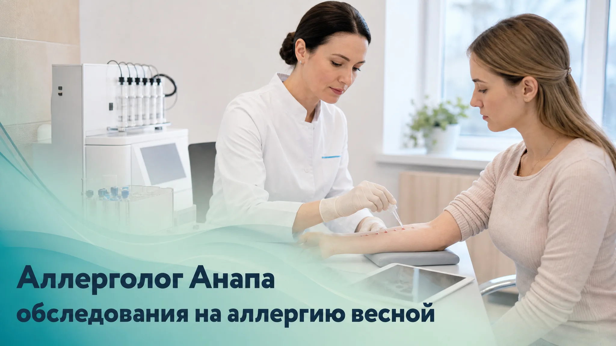 Врач-аллерголог на консультации рассказывает пациенту о весенних обследованиях на аллергию в Анапе