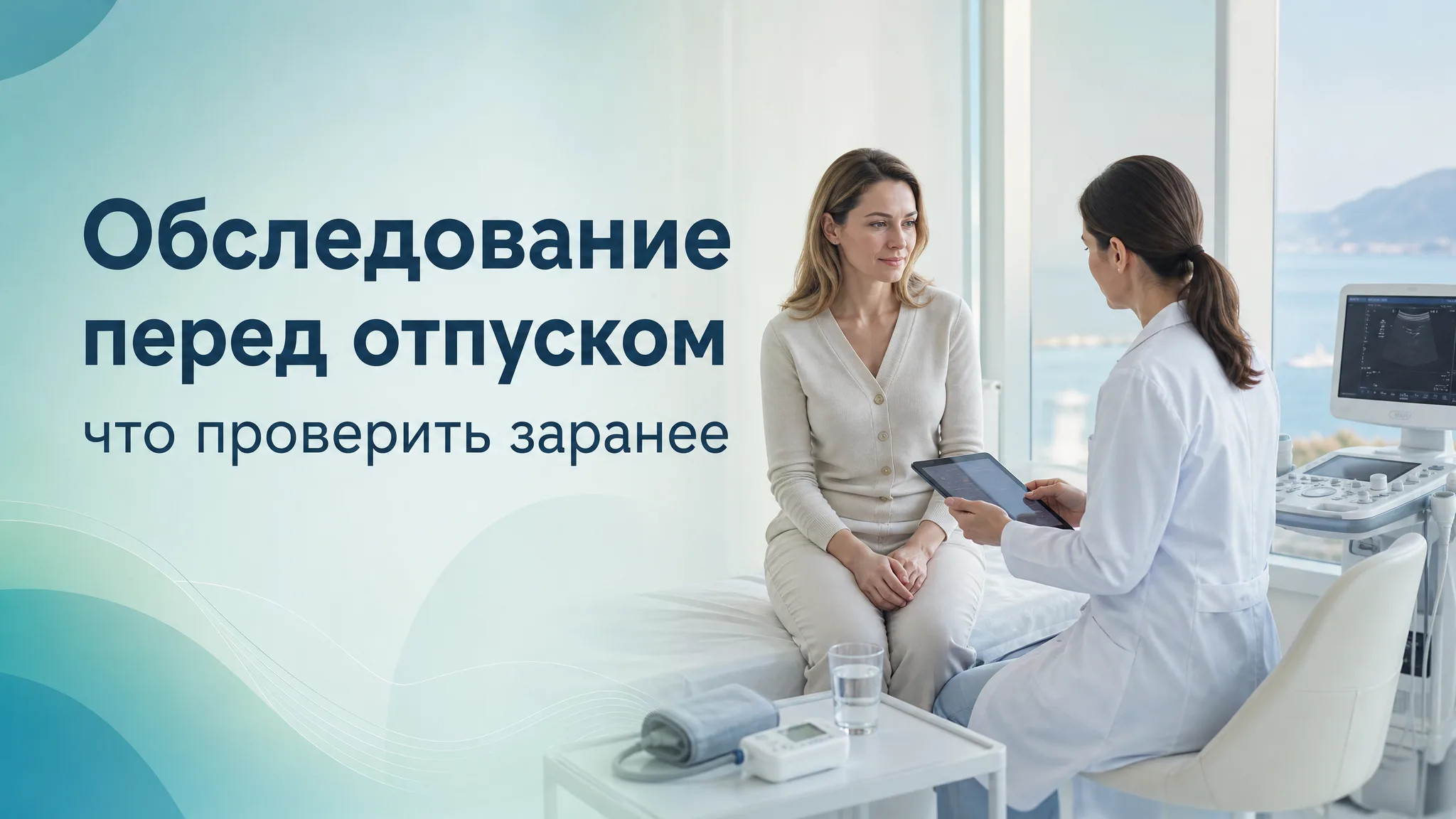 Женщина проходит медицинское обследование перед отпуском, врач измеряет давление