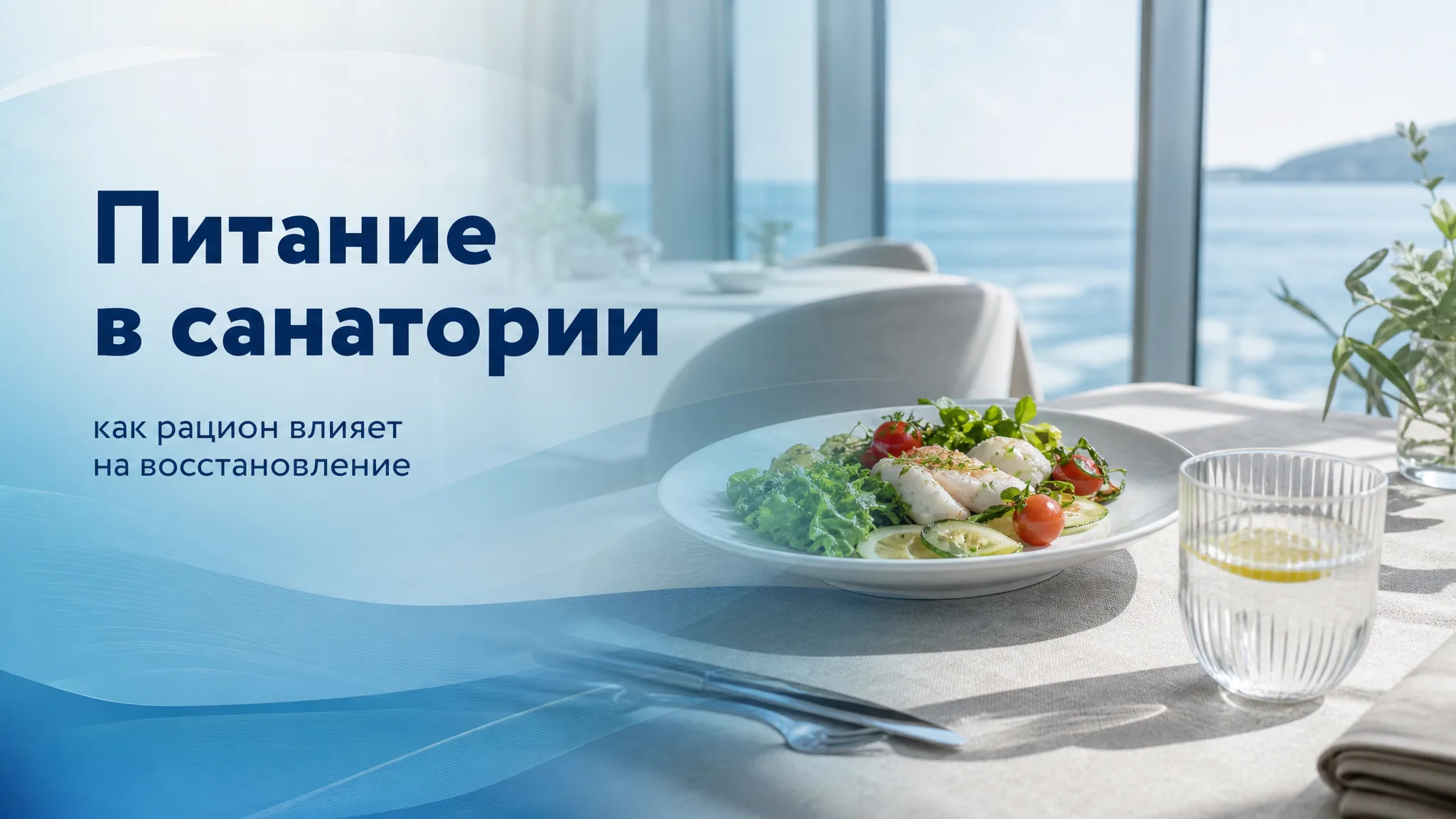 Тарелка со свежими овощами, рыбой и стаканом воды на фоне светлого санаторного интерьера, символизирующая здоровый рацион для восстановления.