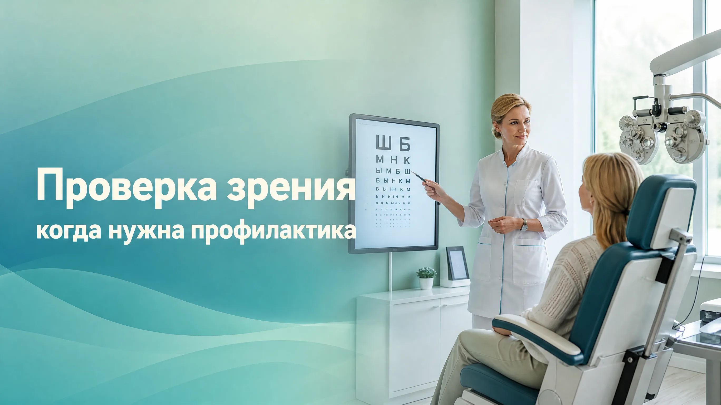 Офтальмолог проводит профилактическую проверку зрения пациенту в кабинете клиники Анапы